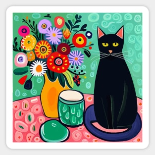 Black Cat with Still Life Flowers in a Yellow Vase Still Life Painting Sticker